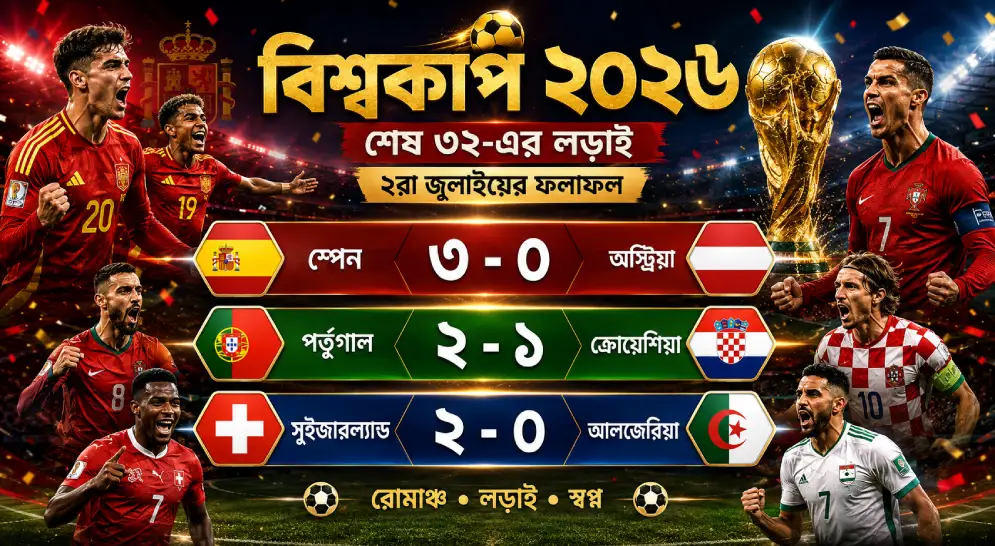 ফিফা বিশ্বকাপ ২০২৬: শেষ ৩২-এর রোমাঞ্চকর লড়াইয়ে স্পেন, পর্তুগাল ও সুইজারল্যান্ডের দাপুটে জয়!